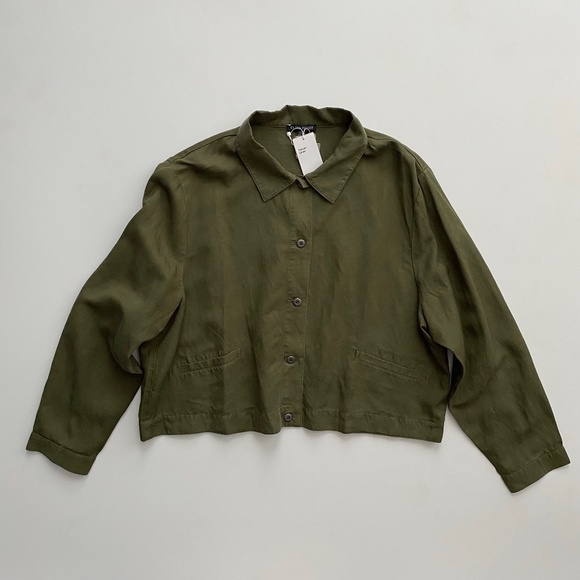 Eileen Fisher Nwt Olive Green Tencel Linen Classic Collar Jacket Large L